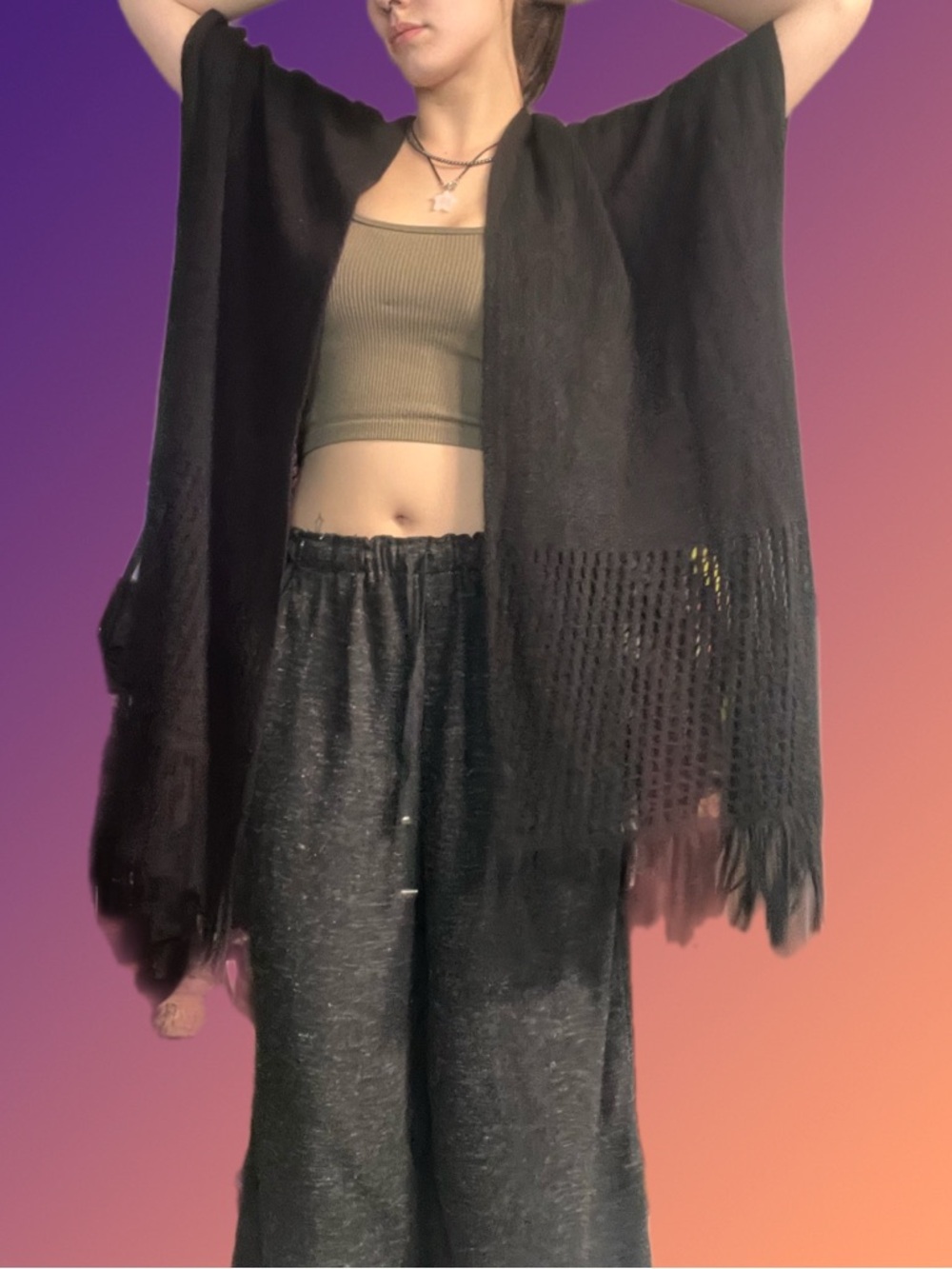 Ardene Black Fringe Open-Front Poncho